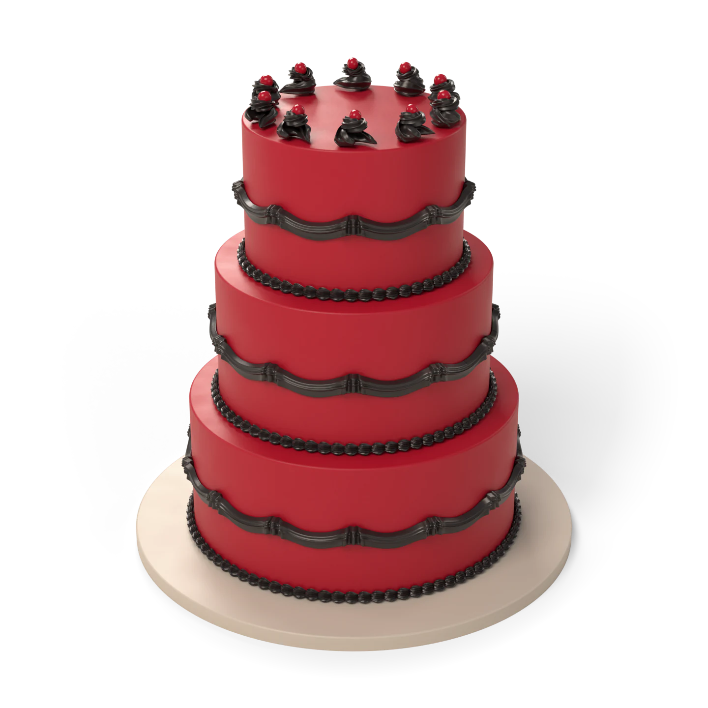 Three tiers in red icing with black swags and a black rosette border with red cherries, seen from the front.