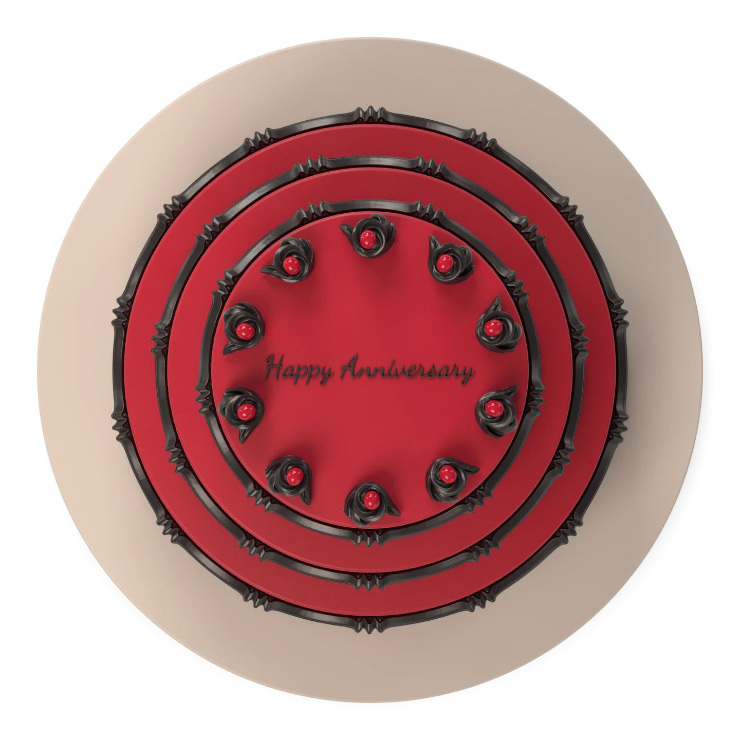 The red cake from above with Happy Anniversary piped in black.