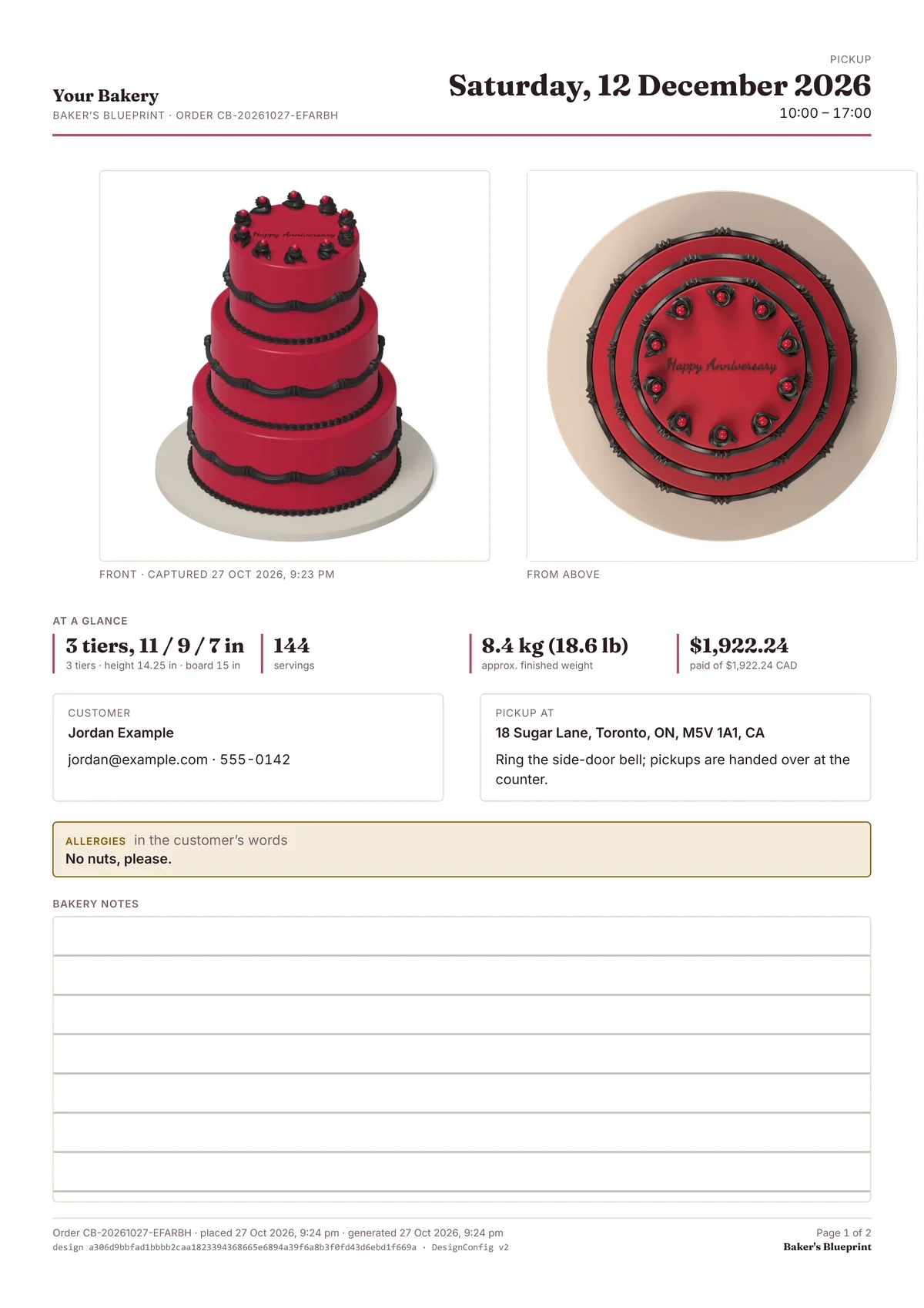 Blueprint page one for order CB-20261027-EFARBH at Your Bakery, with the cake from above settled into its From above box: pickup Saturday 12 December, the Front and From above pictures of the red cake, three tiers, 144 servings, the amount paid, the customer and an allergy note.
