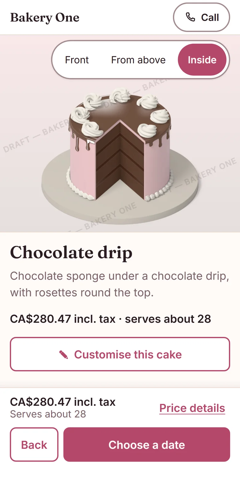 The same cake page showing the Inside picture, with a slice cut away to show the sponge and filling layers.