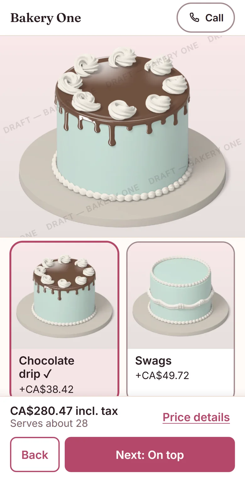 The Customise screen on a phone, at the Decoration step: decoration styles shown as picture tiles, with Chocolate drip selected and the price at the bottom.