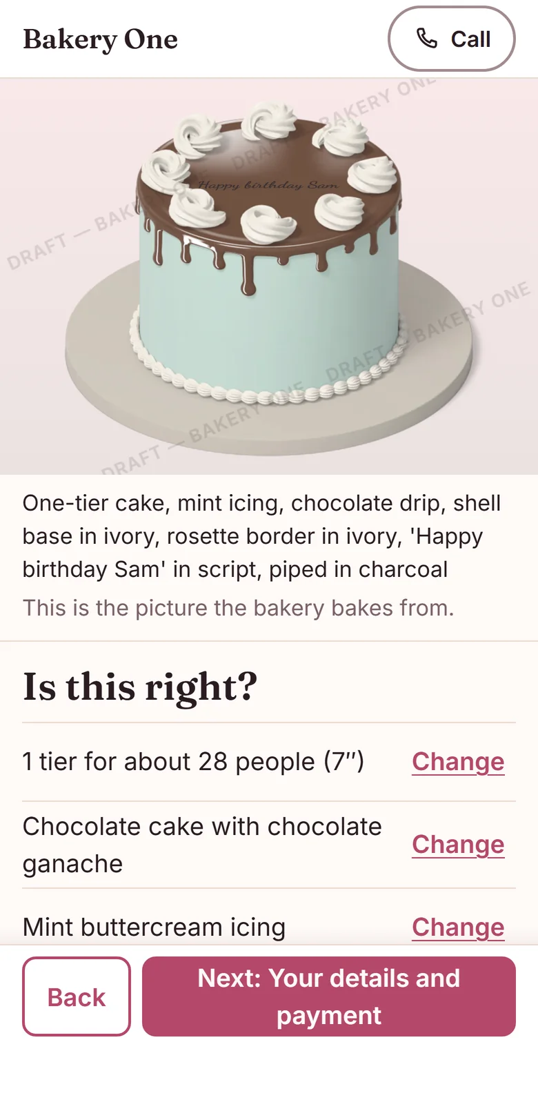 The “Is this right?” screen: the picture the bakery bakes from, and each part of the order with a Change link.