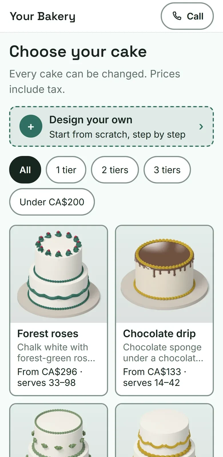 An example ordering site named Your Bakery in deep green with a modern typeface.